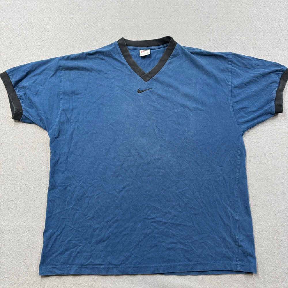 Vintage 90s Nike Center Swoosh T-Shirt Men's Medium Blue V-Neck Ringer Summer‎
